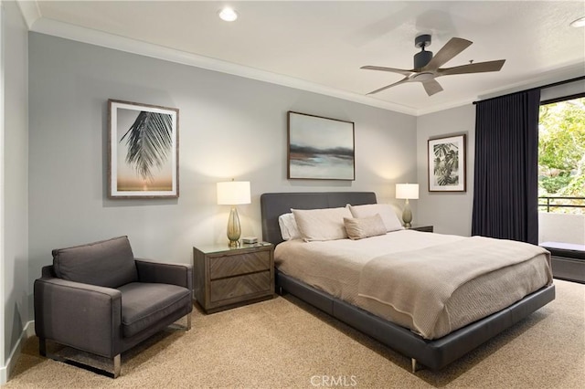 270 Cagney Ln Unit 215, Newport Beach, CA 92663 - bedroom featuring light carpet, crown molding, recessed lighting, ceiling fan, and access to exterior