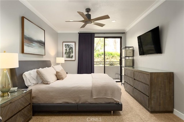 270 Cagney Ln Unit 215, Newport Beach, CA 92663 - bedroom with access to outside, crown molding, light colored carpet, baseboards, and ceiling fan
