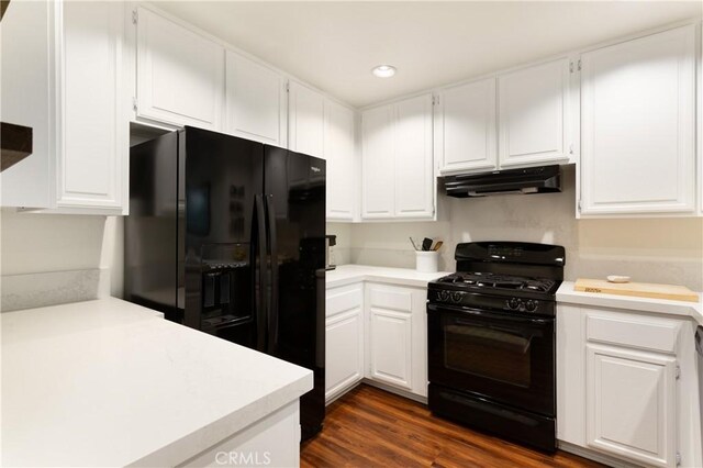 270 Cagney Ln Unit 215, Newport Beach, CA 92663 - kitchen featuring under cabinet range hood, black appliances, white cabinetry, light countertops, and recessed lighting