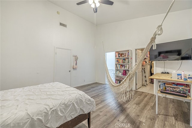 38740 25th St E, Palmdale, CA 93550 - bedroom with wood finished floors, a high ceiling, and ceiling fan