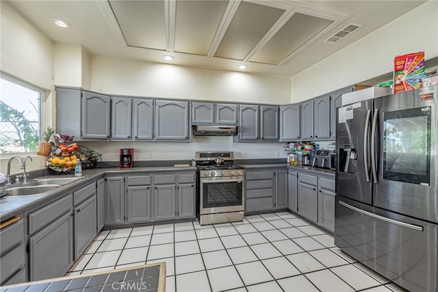 38740 25th St E, Palmdale, CA 93550 - kitchen featuring appliances with stainless steel finishes, gray cabinetry, a sink, and dark countertops