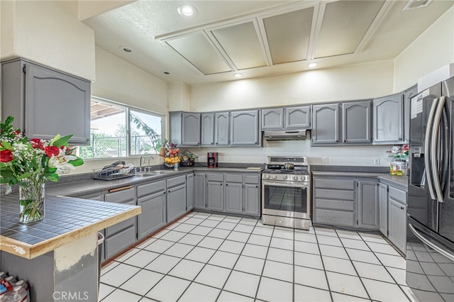 38740 25th St E, Palmdale, CA 93550 - kitchen featuring appliances with stainless steel finishes, gray cabinetry, a sink, tile counters, and under cabinet range hood