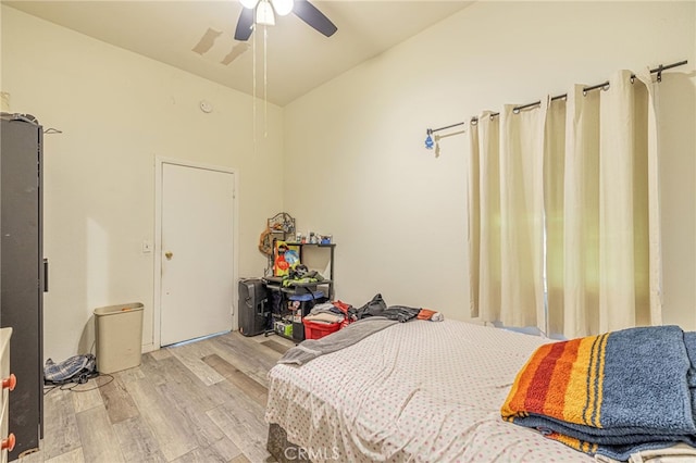 38740 25th St E, Palmdale, CA 93550 - bedroom featuring light wood-style flooring, vaulted ceiling, and ceiling fan