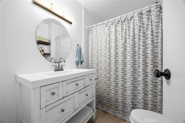full bath with vanity, toilet, a shower with shower curtain, and tile patterned floors