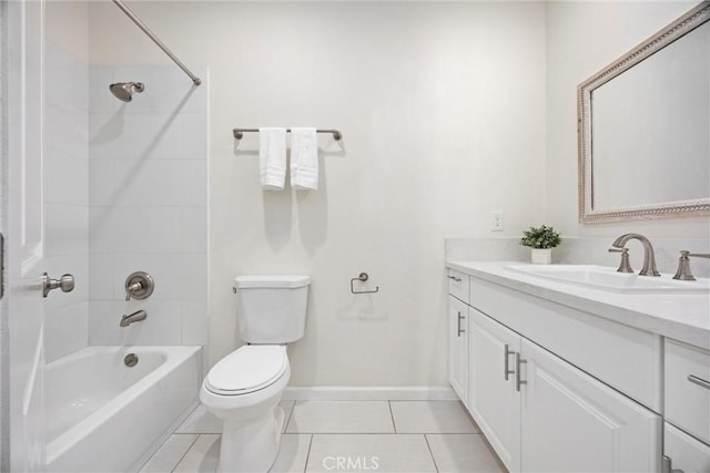 full bath with tile patterned flooring, toilet, vanity, shower / washtub combination, and baseboards
