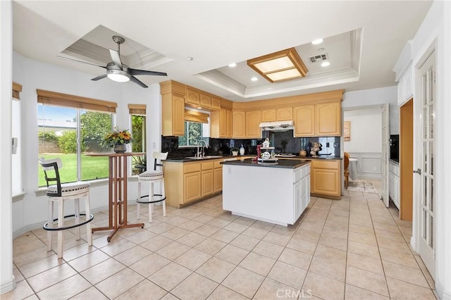 159 N San Marino Ave, San Gabriel, CA 91775 - kitchen with a tray ceiling, under cabinet range hood, light brown cabinetry, tasteful backsplash, and dark countertops