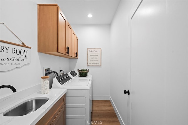 160 S Altadena Dr, Pasadena, CA 91107 - laundry area with cabinet space, washing machine and clothes dryer, dark wood finished floors, baseboards, and recessed lighting
