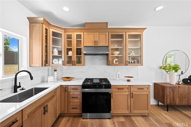 160 S Altadena Dr, Pasadena, CA 91107 - kitchen with gas range oven, under cabinet range hood, a sink, light countertops, and recessed lighting