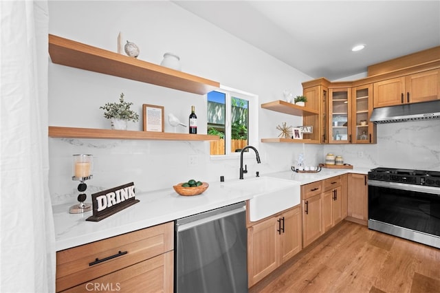 160 S Altadena Dr, Pasadena, CA 91107 - kitchen with open shelves, dishwasher, gas stove, under cabinet range hood, and a sink