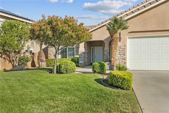 4064 Prestwick Ln, Palmdale, CA 93551 - view of front of home featuring stone siding, stucco siding, a front yard, and a tiled roof