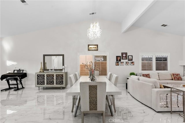 4064 Prestwick Ln, Palmdale, CA 93551 - dining room featuring marble tiled flooring, high vaulted ceiling, a chandelier, and beam ceiling
