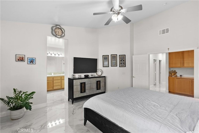 4064 Prestwick Ln, Palmdale, CA 93551 - bedroom featuring light marble finish floors, baseboards, a high ceiling, ensuite bath, and a ceiling fan
