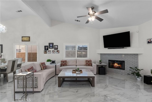 4064 Prestwick Ln, Palmdale, CA 93551 - living area featuring ceiling fan, marble tiled floors, a fireplace, and lofted ceiling