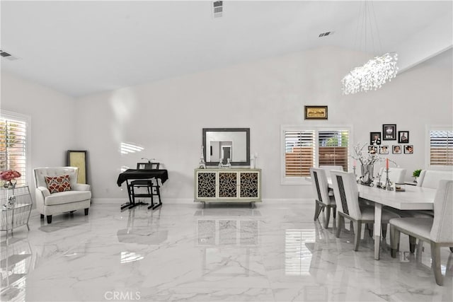 4064 Prestwick Ln, Palmdale, CA 93551 - dining area featuring marble tiled floors, baseboards, high vaulted ceiling, and a chandelier