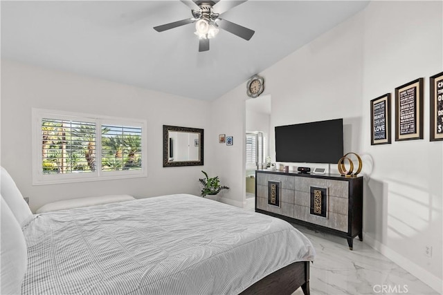 4064 Prestwick Ln, Palmdale, CA 93551 - bedroom featuring light marble finish flooring, baseboards, vaulted ceiling, and ceiling fan