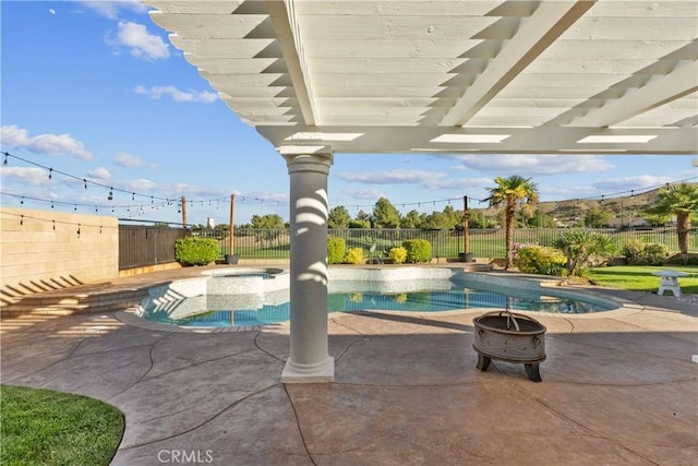 4064 Prestwick Ln, Palmdale, CA 93551 - view of swimming pool with a fire pit, a patio area, a fenced backyard, and a jacuzzi