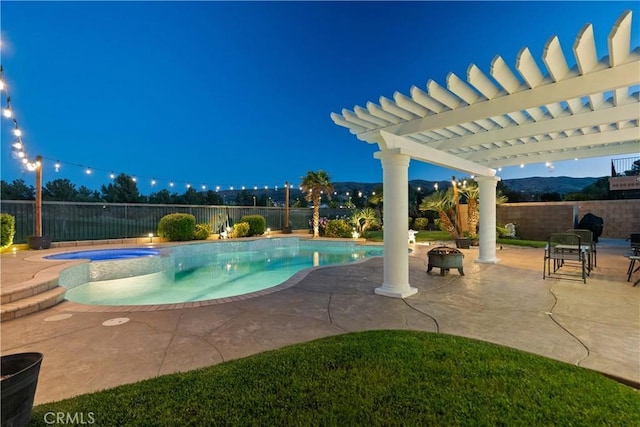 4064 Prestwick Ln, Palmdale, CA 93551 - view of swimming pool featuring a fenced backyard, an outdoor fire pit, a patio, and a pool with connected hot tub