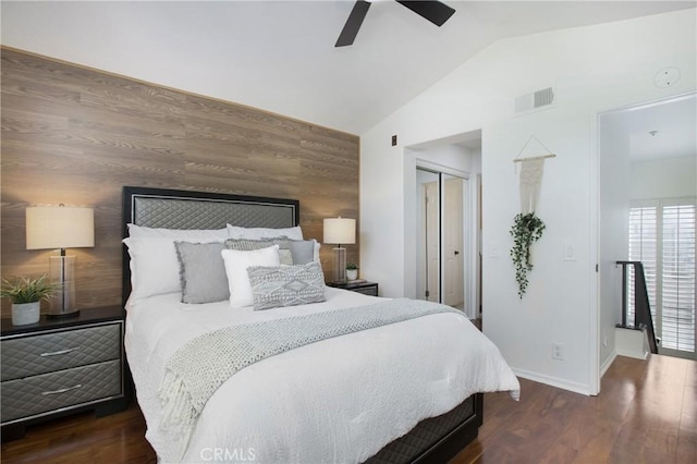 11 Via Pamplona, Rancho Santa Margarita, CA 92688 - bedroom featuring lofted ceiling, baseboards, a closet, wood finished floors, and ceiling fan