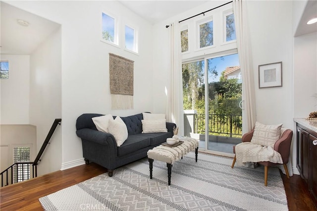 11 Via Pamplona, Rancho Santa Margarita, CA 92688 - living room with wood finished floors, a high ceiling, and baseboards
