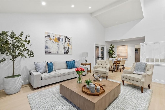 30 Yorktown, Irvine, CA 92620 - living area featuring light wood-style flooring, high vaulted ceiling, french doors, beamed ceiling, and recessed lighting
