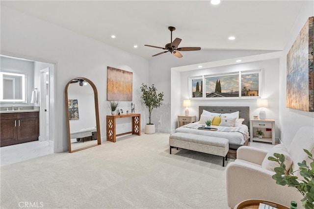 30 Yorktown, Irvine, CA 92620 - bedroom with recessed lighting, vaulted ceiling, ensuite bathroom, a sink, and a ceiling fan
