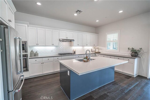 kitchen with appliances with stainless steel finishes, a sink, decorative backsplash, dark wood finished floors, and recessed lighting