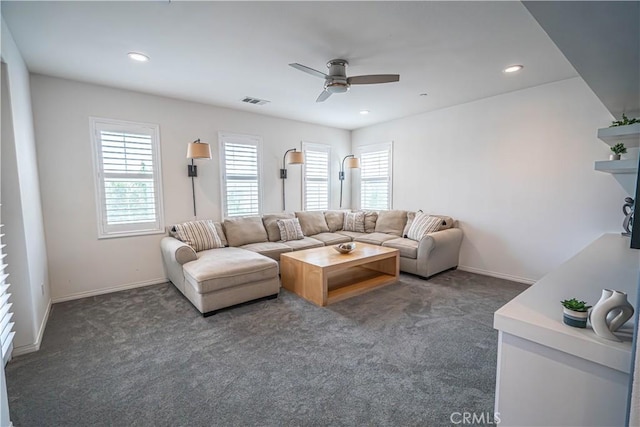 living room with carpet flooring, a ceiling fan, baseboards, and recessed lighting