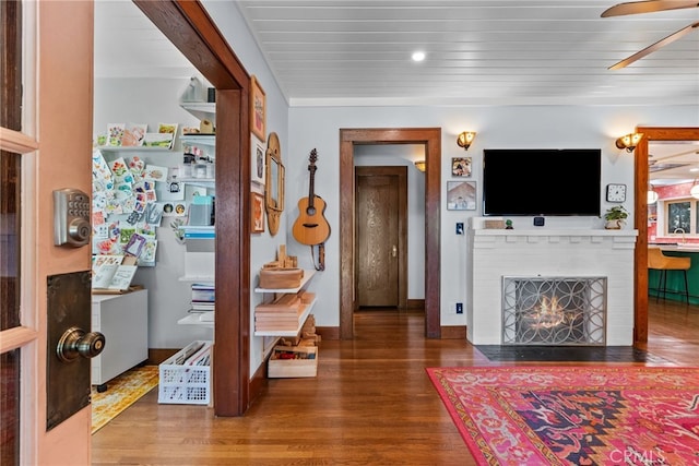 1719 Monte Vista St, Pasadena, CA 91106 - living room featuring wood finished floors, wood ceiling, a fireplace, and a ceiling fan