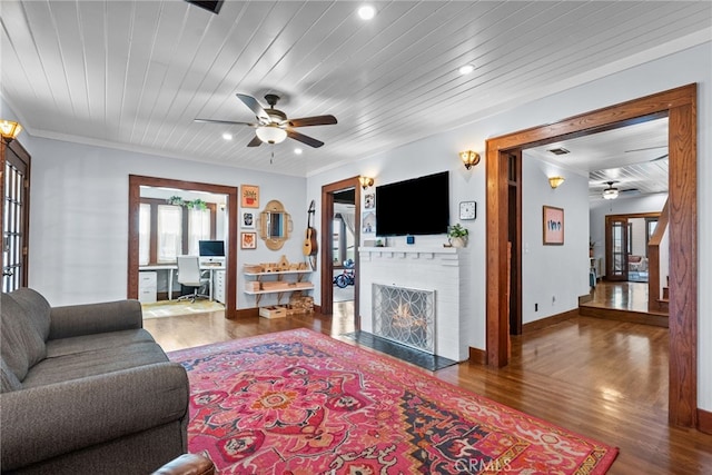 1719 Monte Vista St, Pasadena, CA 91106 - living area with ceiling fan, a fireplace, wood finished floors, wooden ceiling, and recessed lighting