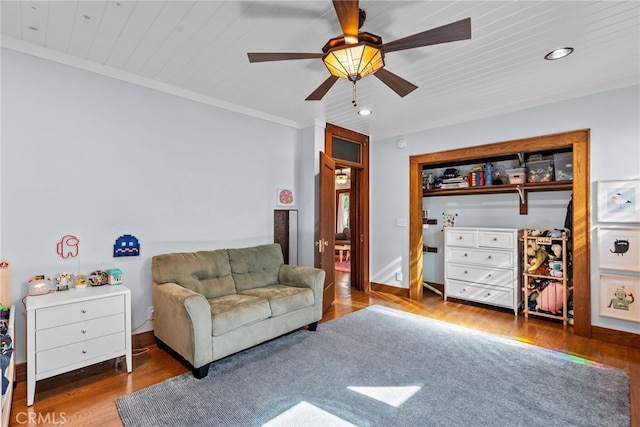 1719 Monte Vista St, Pasadena, CA 91106 - living room featuring a ceiling fan, wood finished floors, recessed lighting, wood ceiling, and baseboards