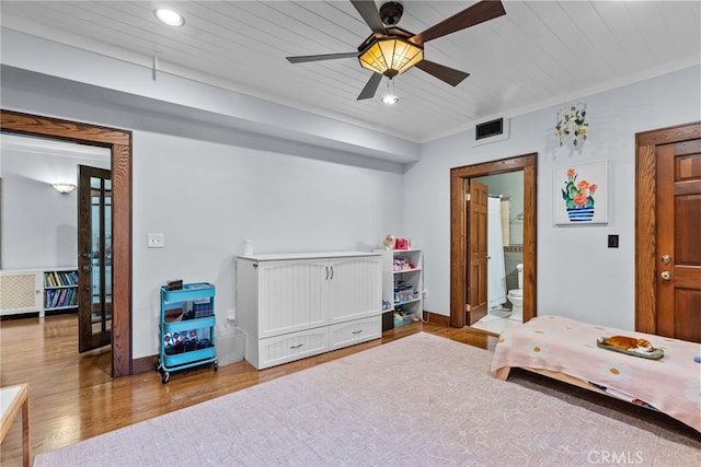 1719 Monte Vista St, Pasadena, CA 91106 - bedroom with wood finished floors, wooden ceiling, ensuite bath, baseboards, and recessed lighting