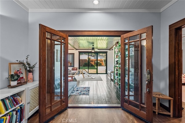 1719 Monte Vista St, Pasadena, CA 91106 - doorway with french doors, ornamental molding, hardwood / wood-style floors, a ceiling fan, and wood ceiling