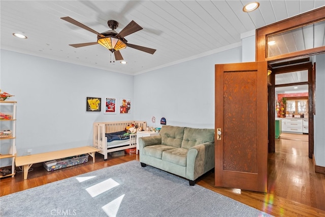 1719 Monte Vista St, Pasadena, CA 91106 - living area featuring wood finished floors, a ceiling fan, wooden ceiling, recessed lighting, and crown molding