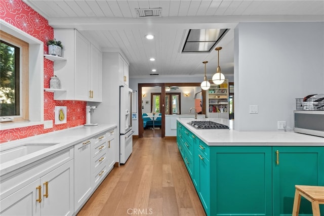 1719 Monte Vista St, Pasadena, CA 91106 - kitchen with open shelves, white cabinetry, appliances with stainless steel finishes, wooden ceiling, and light wood-style flooring