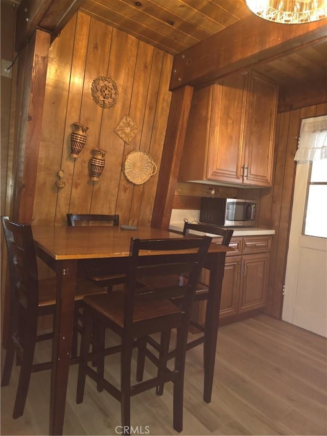 33337 Holcomb Creek Dr, Green Valley Lake, CA 92341 - dining room featuring wooden ceiling, light wood finished floors, wooden walls, and beam ceiling