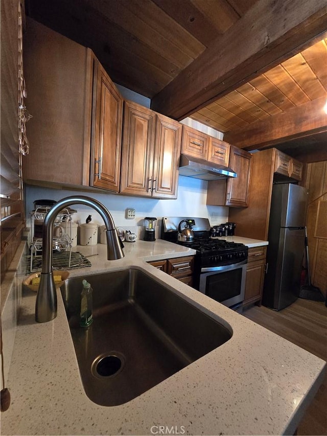 33337 Holcomb Creek Dr, Green Valley Lake, CA 92341 - kitchen with appliances with stainless steel finishes, a sink, wood ceiling, beamed ceiling, and under cabinet range hood