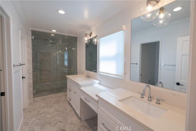 12539 Presnell St, Los Angeles, CA 90066 - full bath featuring a shower stall, ornamental molding, recessed lighting, and double vanity