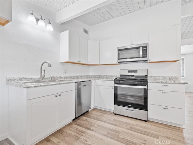 15533 Heartsease Ln, Victorville, CA 92395 - kitchen featuring stainless steel appliances, a sink, beam ceiling, white cabinetry, and wood ceiling