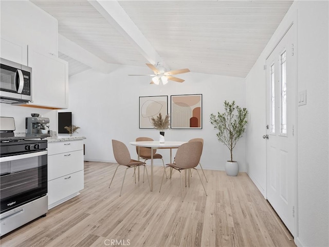 15533 Heartsease Ln, Victorville, CA 92395 - kitchen with stainless steel appliances, white cabinets, a ceiling fan, and light wood-style flooring