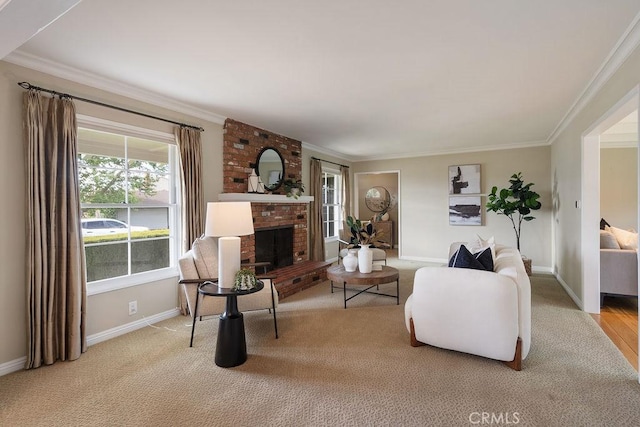 14691 Leon Pl, Tustin, CA 92780 - living room featuring light colored carpet, a brick fireplace, crown molding, and baseboards
