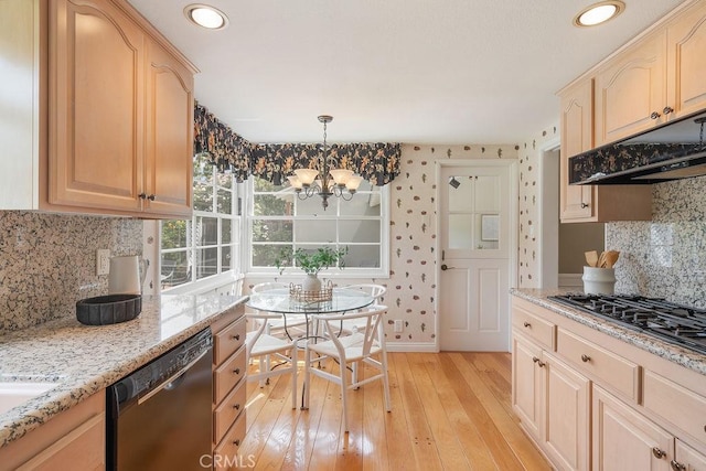 14691 Leon Pl, Tustin, CA 92780 - kitchen with dishwashing machine, light brown cabinets, a chandelier, light stone counters, and recessed lighting