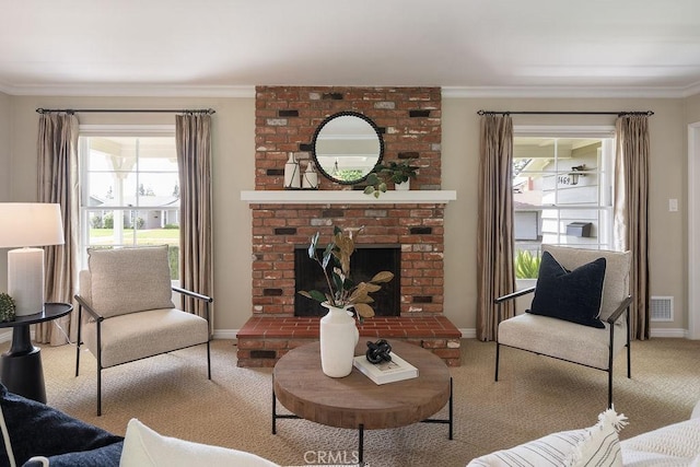14691 Leon Pl, Tustin, CA 92780 - living area with crown molding, carpet floors, baseboards, and a brick fireplace