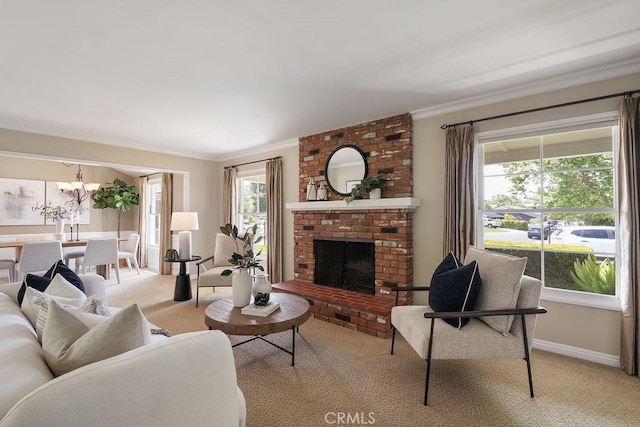 14691 Leon Pl, Tustin, CA 92780 - living room featuring light carpet, ornamental molding, a chandelier, baseboards, and a brick fireplace