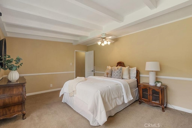 14691 Leon Pl, Tustin, CA 92780 - bedroom featuring light colored carpet, beamed ceiling, baseboards, and ceiling fan
