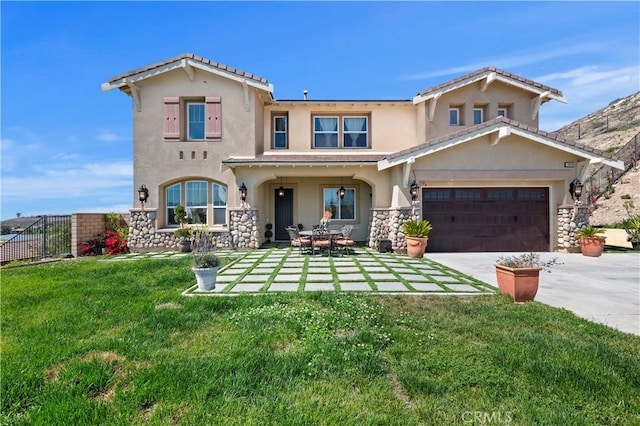 16418 Village Meadow Dr, Riverside, CA 92503 - rear view of house with stucco siding, concrete driveway, stone siding, and an attached garage