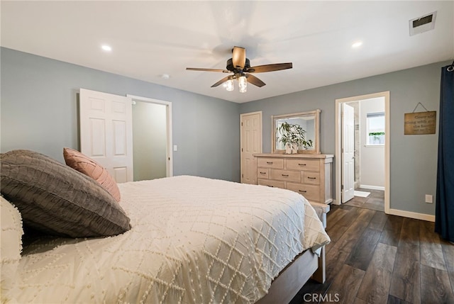 3171 Eagle Lake Ct, Chico, CA 95973 - bedroom featuring baseboards, dark wood finished floors, recessed lighting, and ceiling fan
