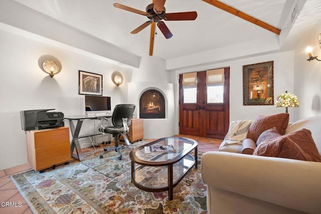10971 Alto Ct, Oak View, CA 93022 - living room with light tile patterned flooring, lofted ceiling, a desk, a ceiling fan, and french doors