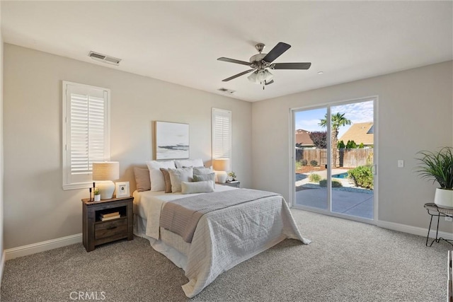 7 Abbott Cir, Chico, CA 95973 - bedroom featuring access to outside, baseboards, carpet flooring, and a ceiling fan