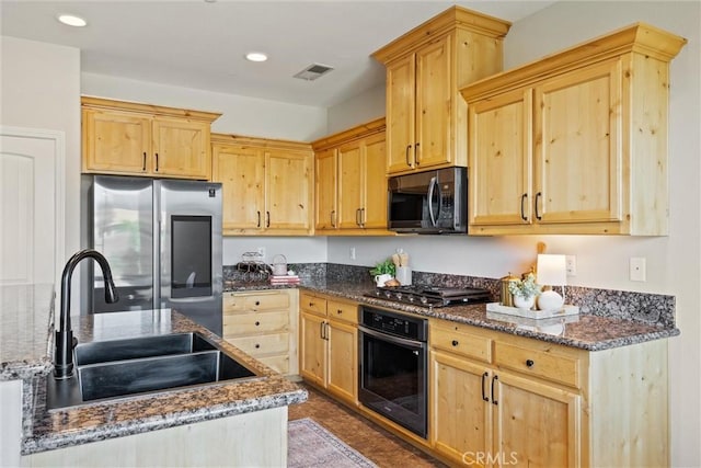 7 Abbott Cir, Chico, CA 95973 - kitchen featuring black appliances, a sink, light brown cabinets, dark stone counters, and recessed lighting