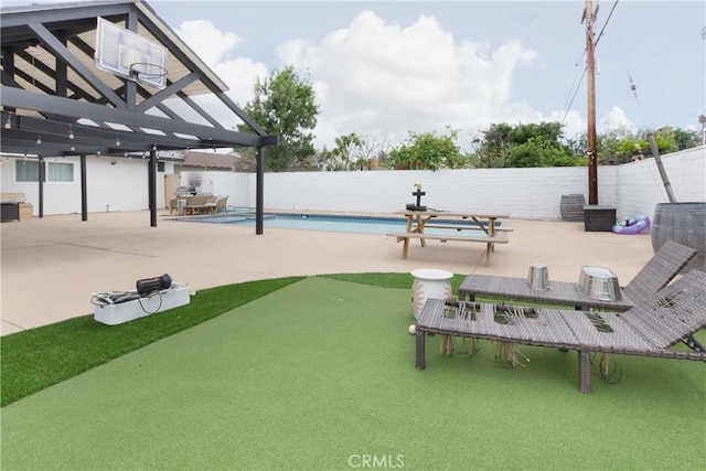 12842 Elizabeth Way, Tustin, CA 92780 - surrounding community with a fenced backyard, a patio area, and a swimming pool